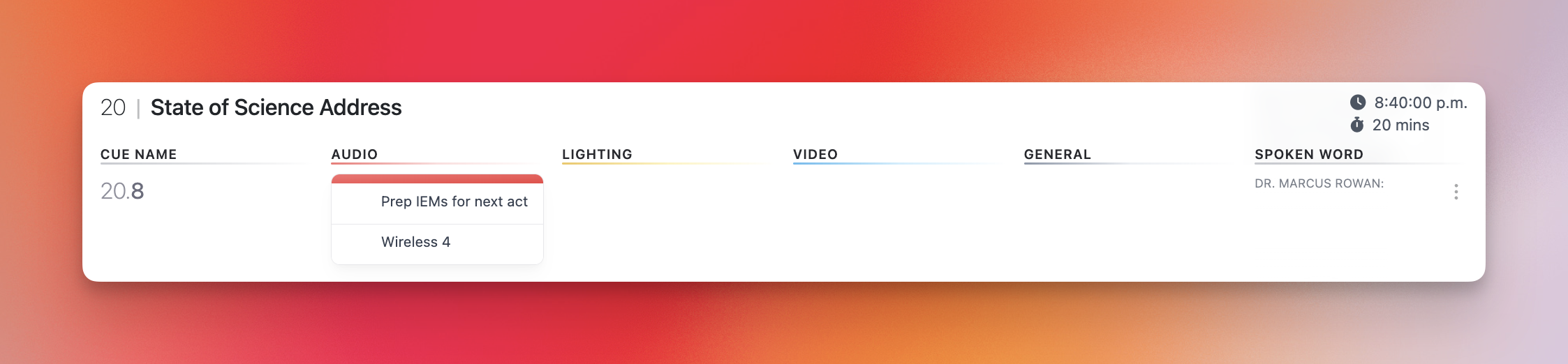 Example of the run of show view