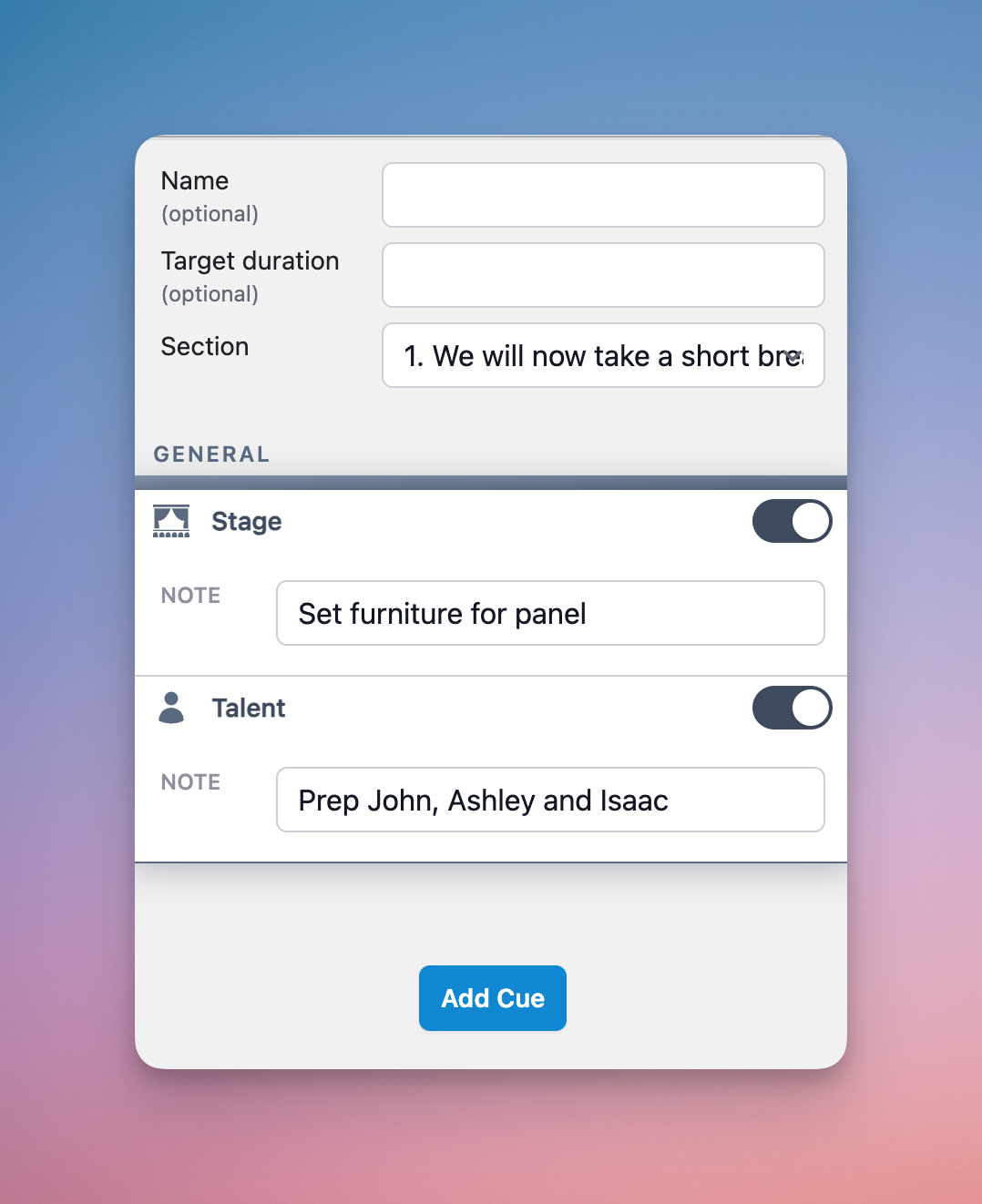 Example of the cue editor