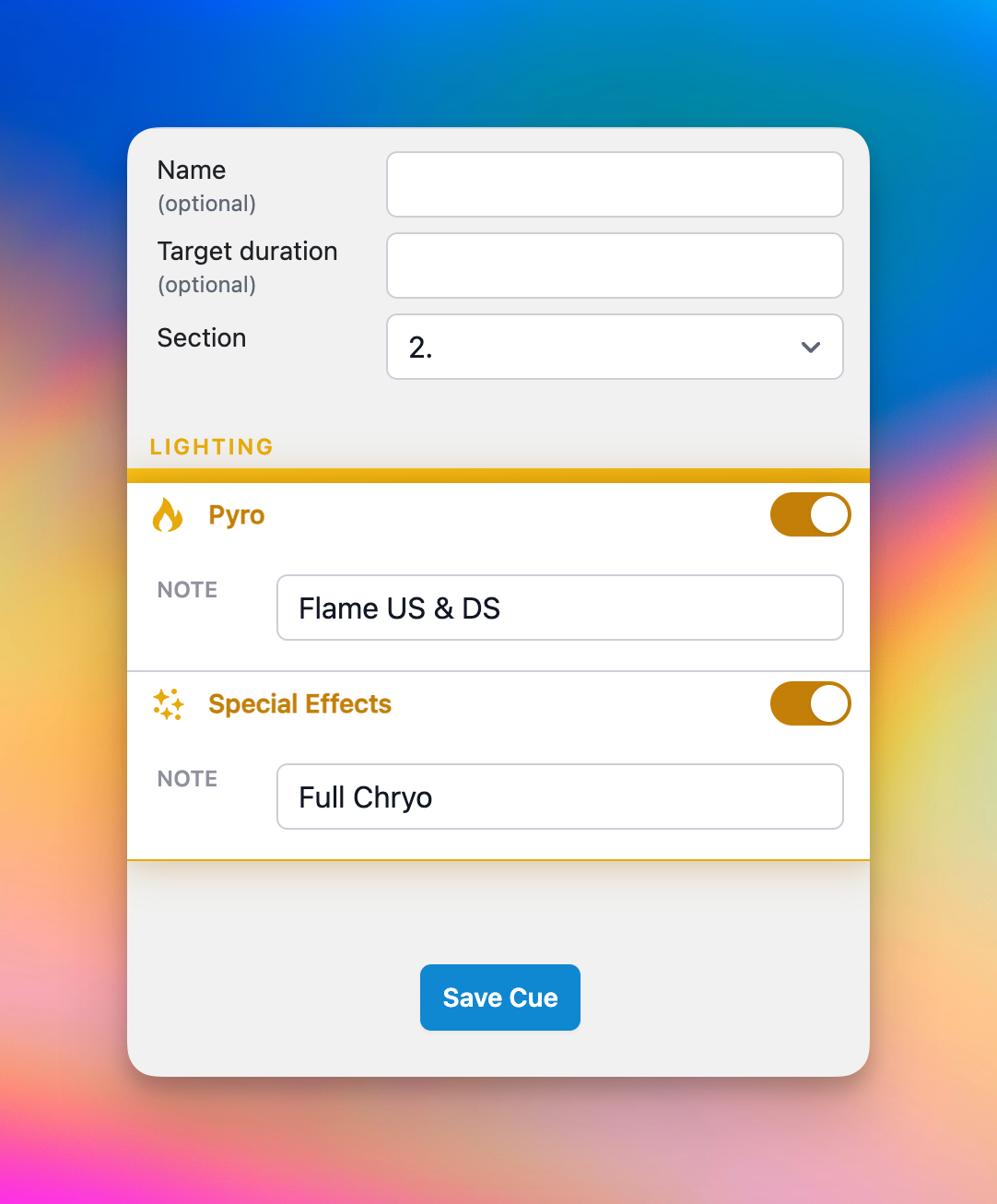 Example of the cue editor