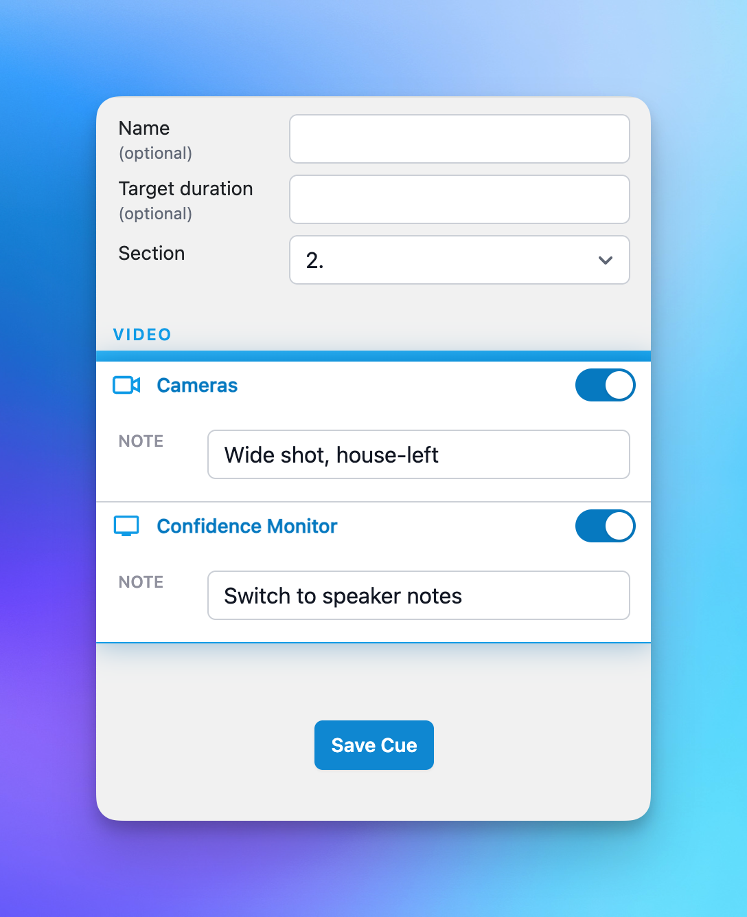 Example of the cue editor